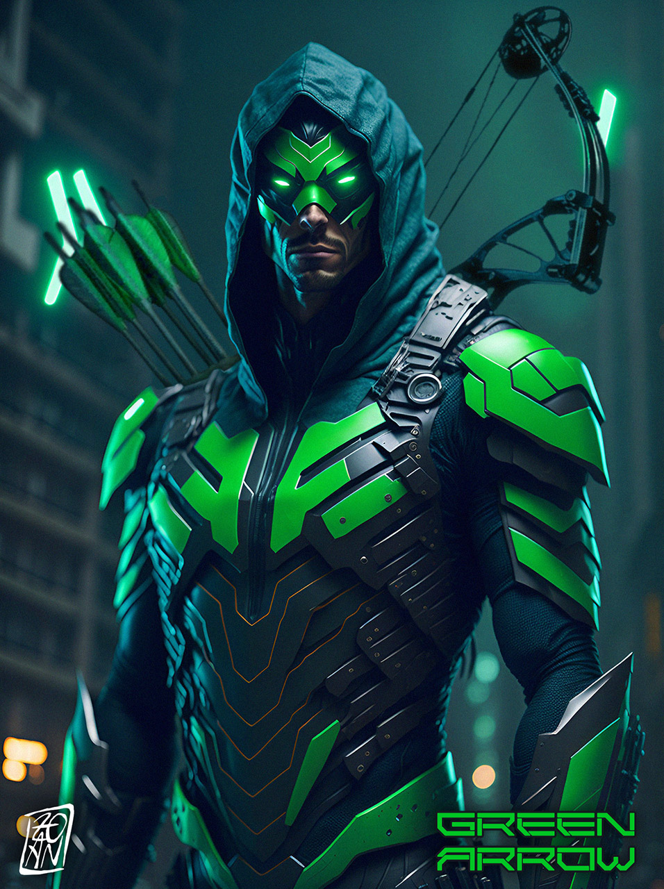 Image of GREEN ARROW (futuristic version II) made with AI and Photoshop. Green Arrow by DC Comics – All Rights Reserved