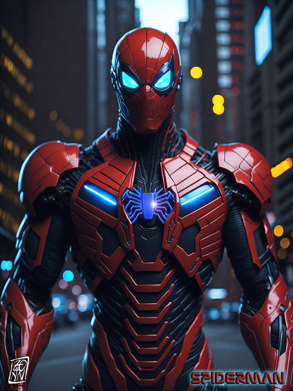 Image of SPIDERMAN (mecha suit) made with AI and Photoshop. Spiderman by MARVEL – All Rights Reserved